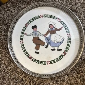 Sternauware German Porcelain Tray Pierced Lattice Metal Marked 1913 Folk Dancers